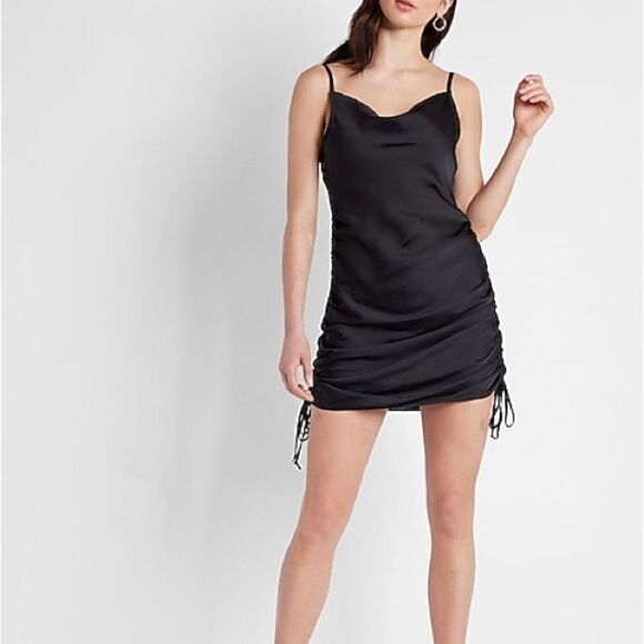 NWT Express Black Cowl Neck Ruched Side Tie Mini Slip Dress Size Small - Picture 1 of 16